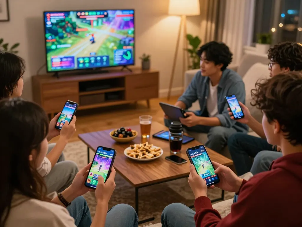 Friends engaging in gaming session using tải sun win app during a fun evening gathering