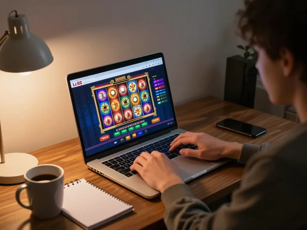 Person engaging in online gaming for lc88 link with a laptop, showcasing colorful slot gameplay in a cozy atmosphere