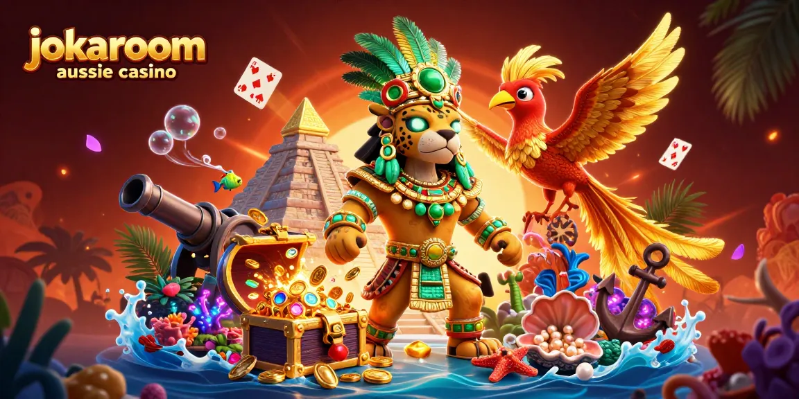Experience the thrill at jokaroom aussie casino with a lively 3D scene featuring a jaguar priest and vibrant game elements.