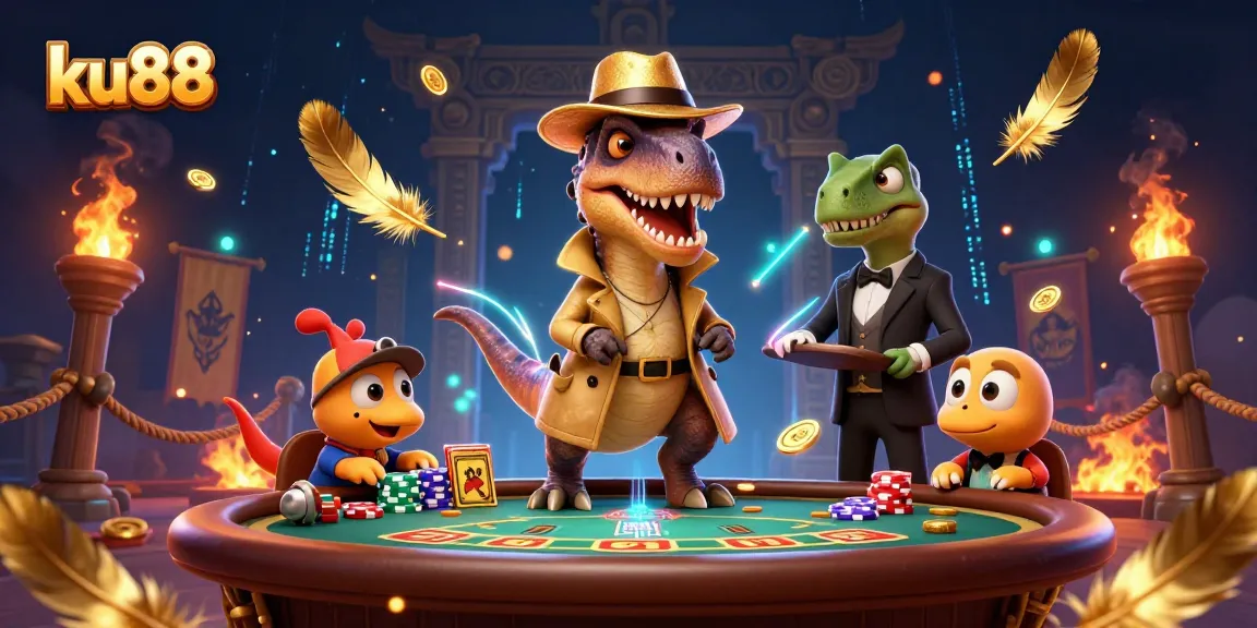 Engage in thrilling action at ku88 with a cartoon velociraptor card counter sneaking chips at a blackjack table.