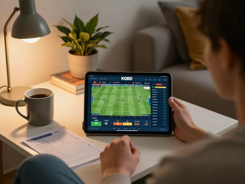 KQBD sports betting interface displayed on tablet in cozy home setting featuring warm lighting.