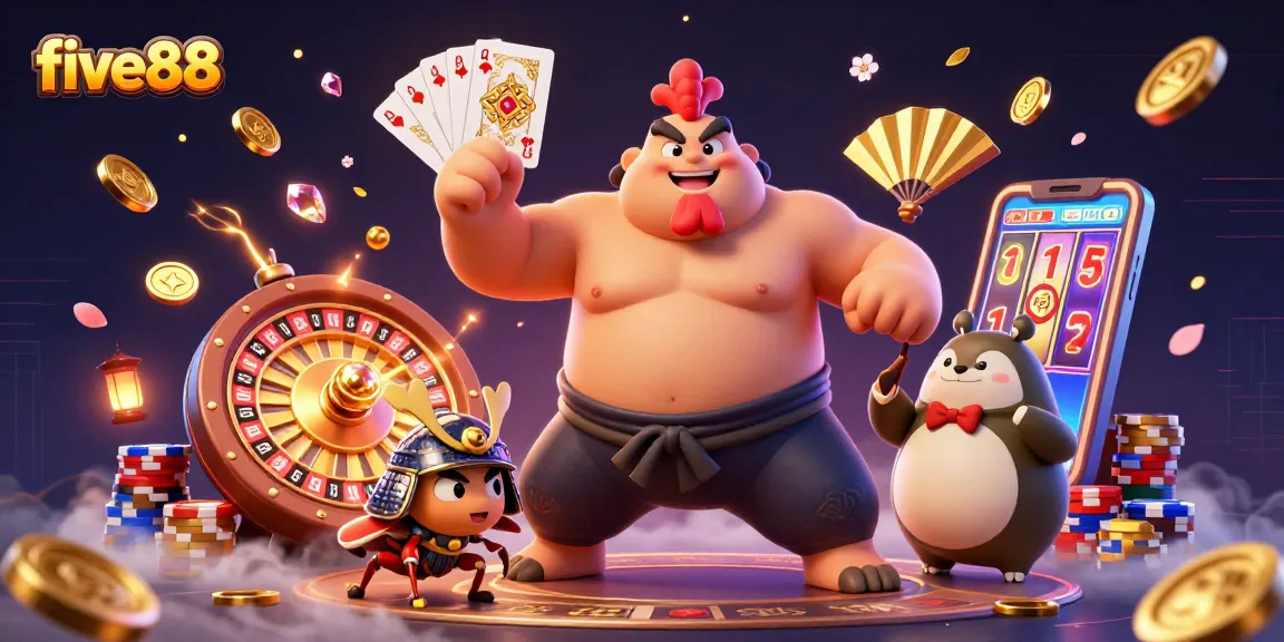 Experience the excitement of five88 with a dynamic 3D casino illustration showcasing unique characters and vibrant gaming elements.