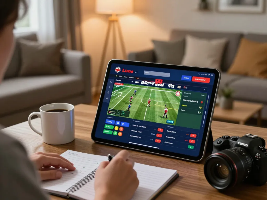 Placing live bets on net88 sportsbook tablet, modern home setup with cozy ambiance.