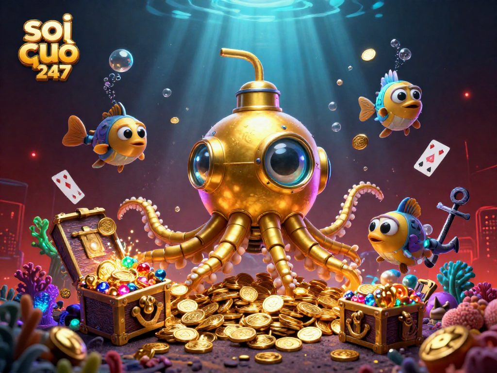 Soi cầu 247 illustration featuring a golden kraken submarine and mechanical fish surrounded by treasures and playing cards.