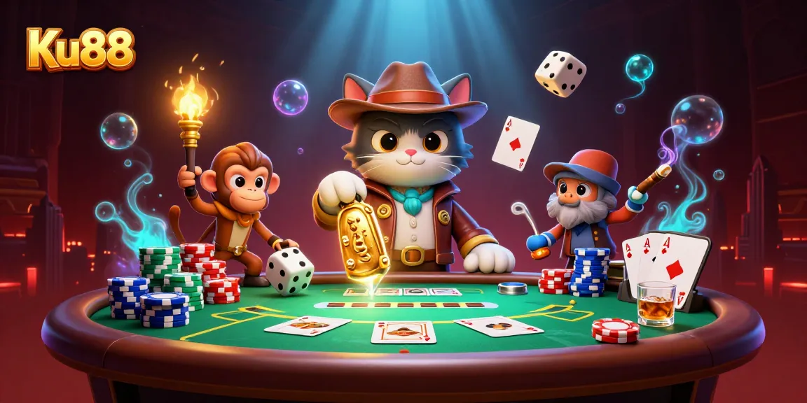 Uncover winning strategies on Ku88 with a vibrant 3D casino-themed illustration showcasing dynamic game elements.