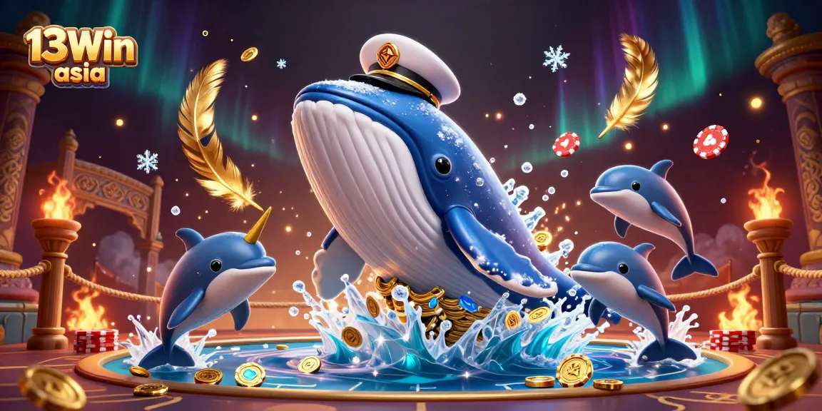 Experience a thrilling scene from 13Win asia, featuring casino elements with a dynamic whale and playful dolphins.