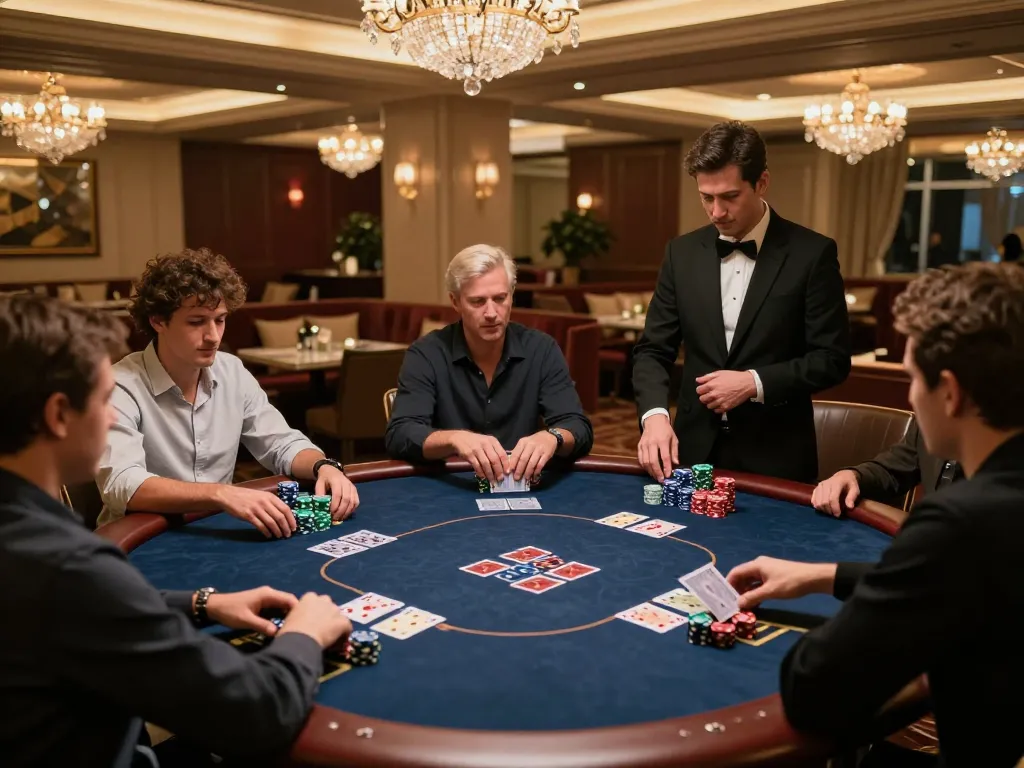 Players engaged in high-stakes poker at Sunwingo casino, surrounded by luxury and excitement.