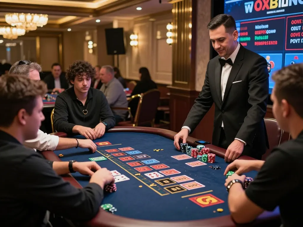 Players enjoying a thrilling game at OXBET's live dealer blackjack table, engaging with dealers and each other.