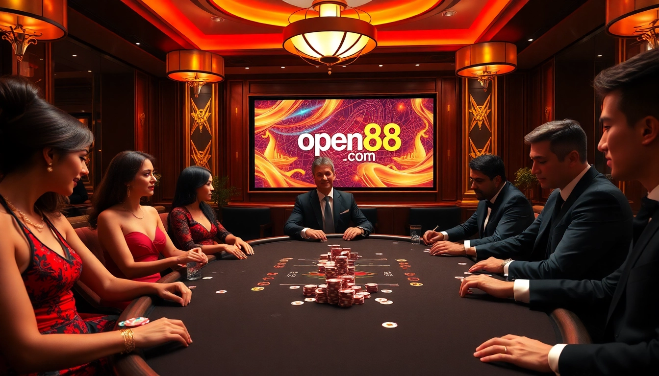 Join the thrilling action at open88.com with players enjoying an exciting poker game amidst luxury and excitement.