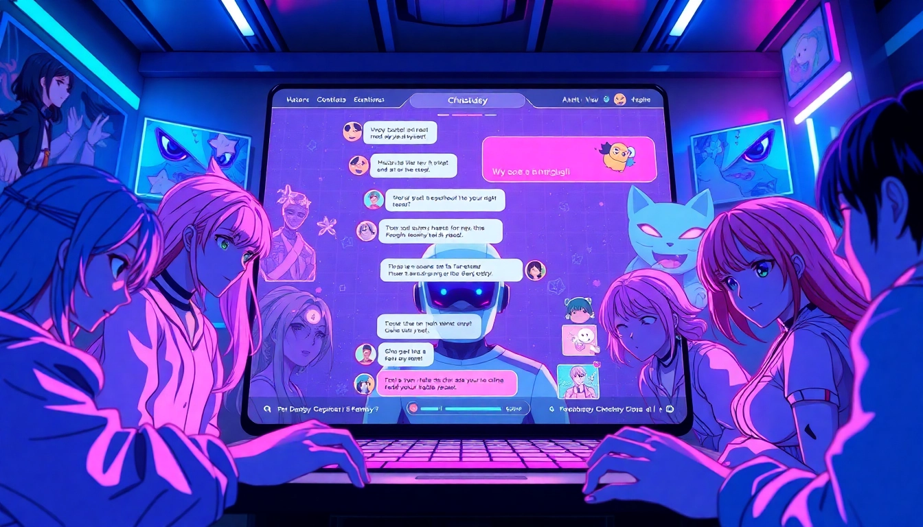 Engaging scene of an AI chatbot interacting with enticing anime characters, emphasizing hentai ai chat.