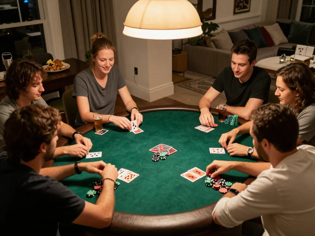 Players enjoying poker night at home, showcasing J88 gaming strategies in a friendly atmosphere