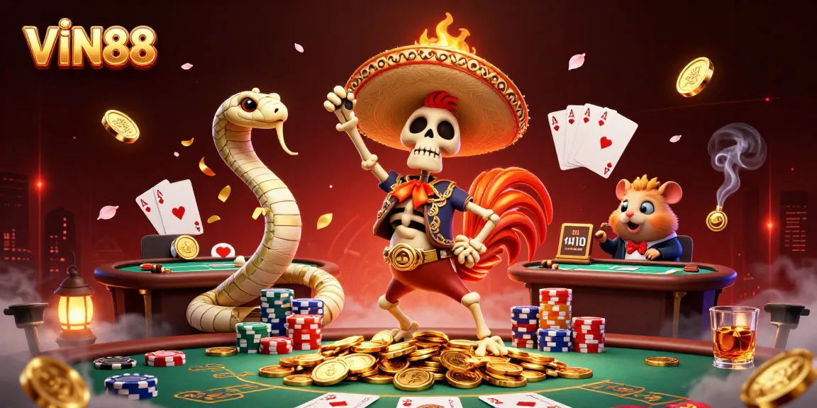 Join the celebration at VIN88 with a lively scene of a skeleton mariachi rooster dancing amidst poker elements.