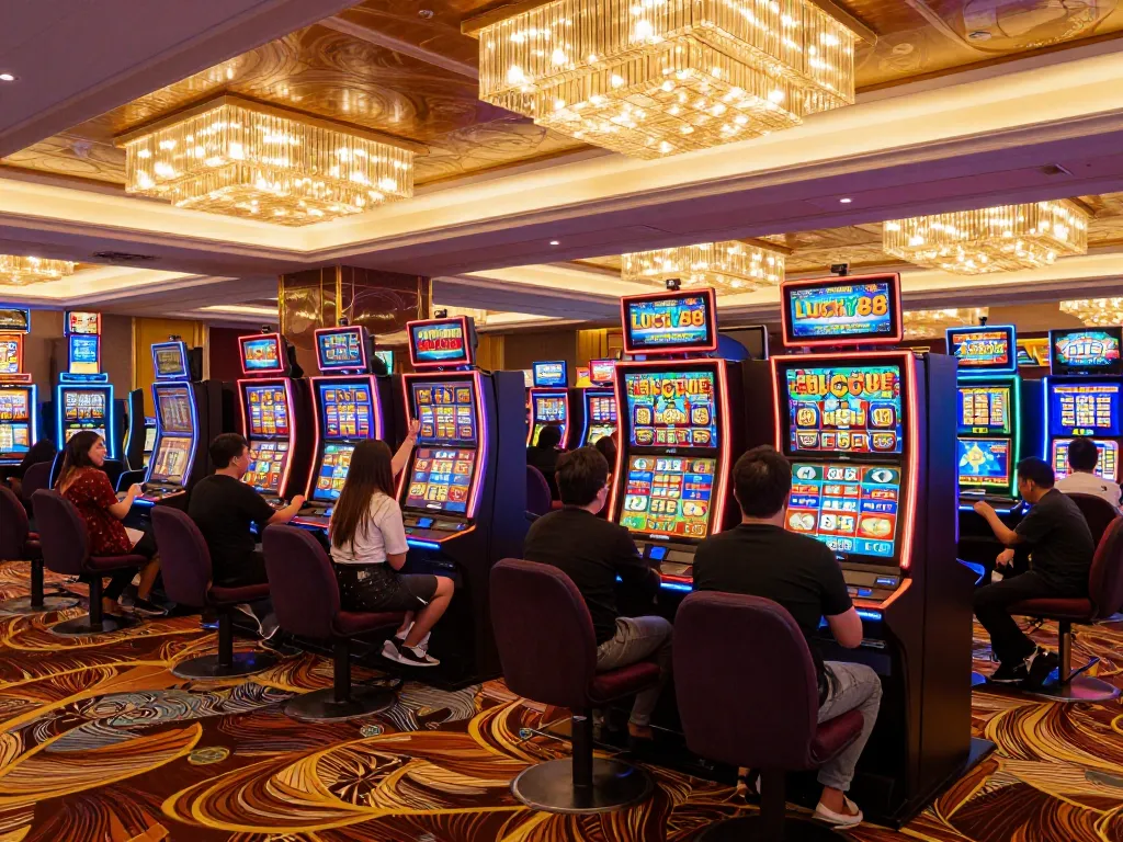 Players celebrating wins at LUCKY88 slot machines in a vibrant casino atmosphere