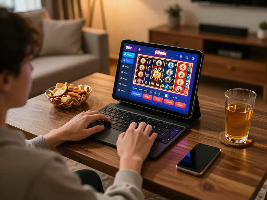 Player engaging with 98win online casino app, showcasing dynamic gameplay in a cozy setting.