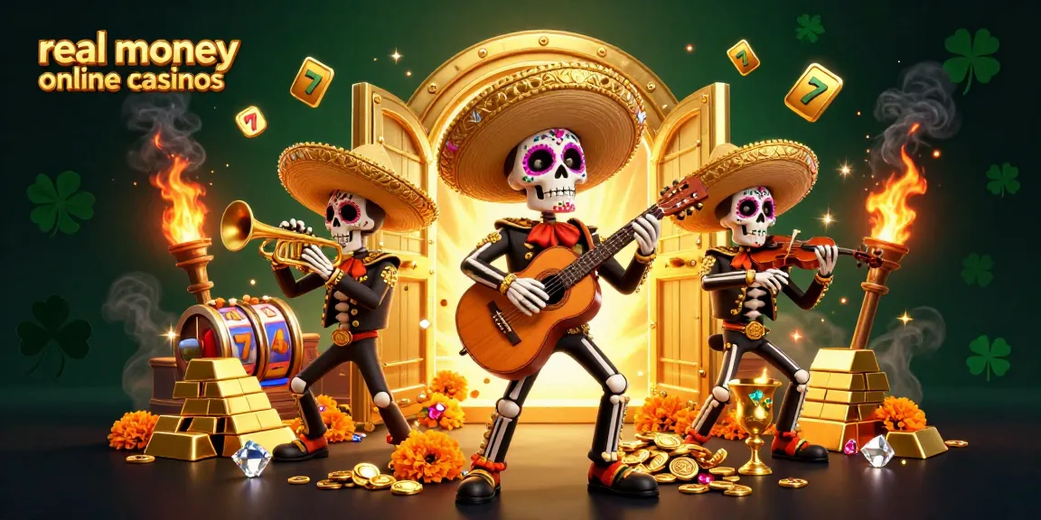 Experience vibrant real money online casinos with animated mariachi skeletons and dazzling treasures.