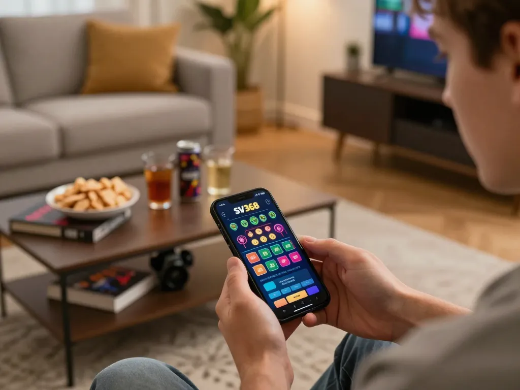 Player using SV368 app on smartphone for online betting in a cozy living room setting.