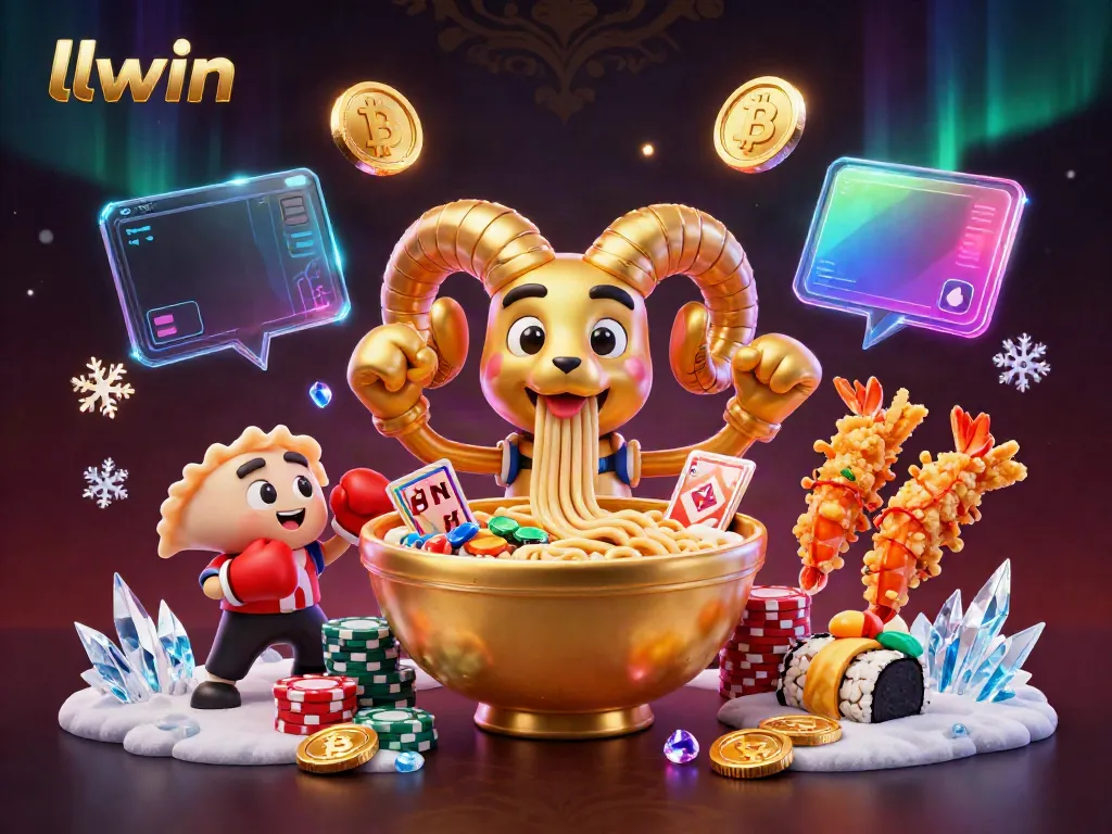 llwin showcases a vibrant giant ramen bowl character dealing cards in a dynamic online casino scene.