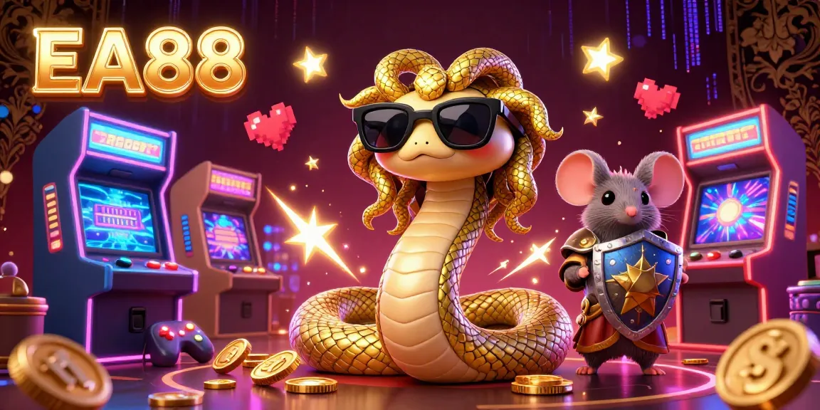 Immerse in EA88's thrilling gaming landscape as Medusa and a warrior mouse explore dynamic arcade machines.