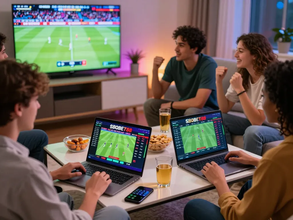 SBOBET88 sports betting experience with friends in a lively living room.