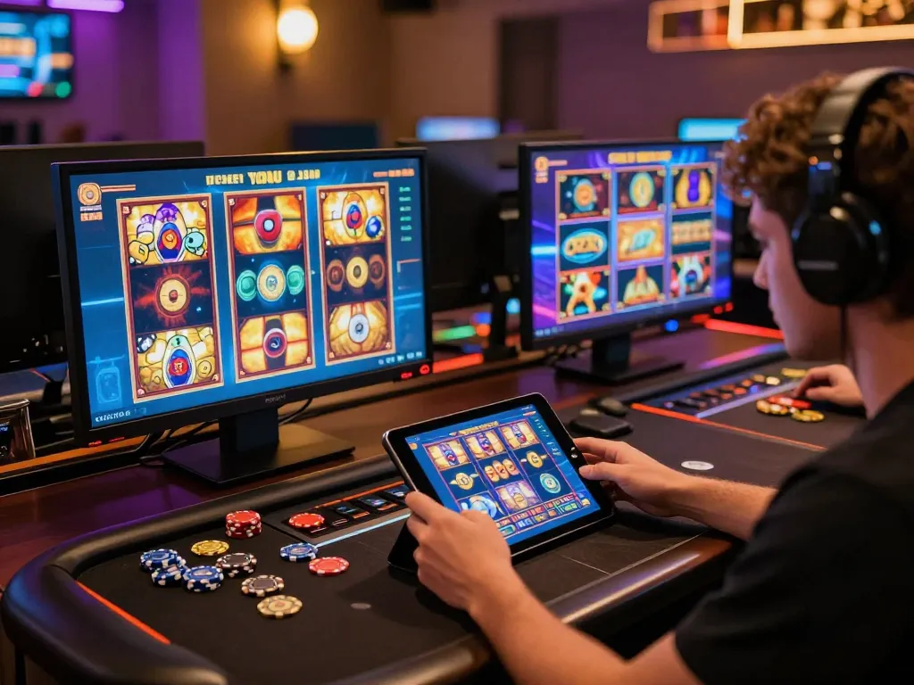 Engaging online gaming experience at c168 com with slot game interface illuminated on tablet.