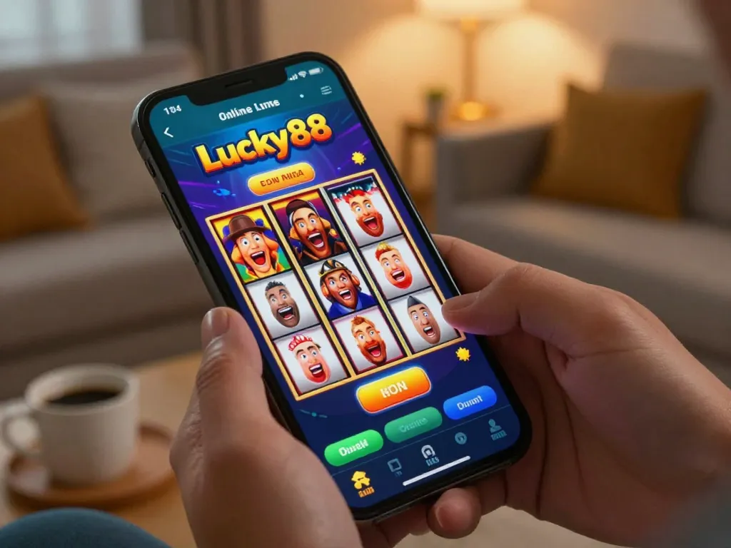 Player spinning the reels on the Lucky88 mobile app, displaying excitement and immersive gameplay.