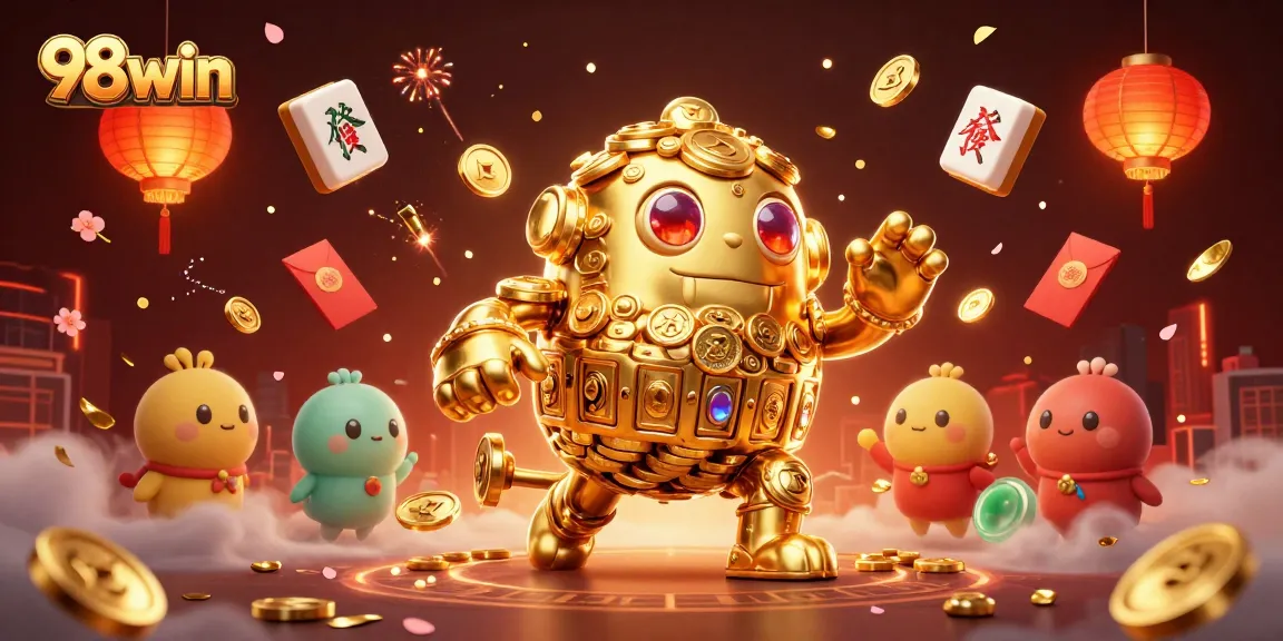 Win big with 98win’s dynamic golden golem and lively casino elements in this captivating illustration.