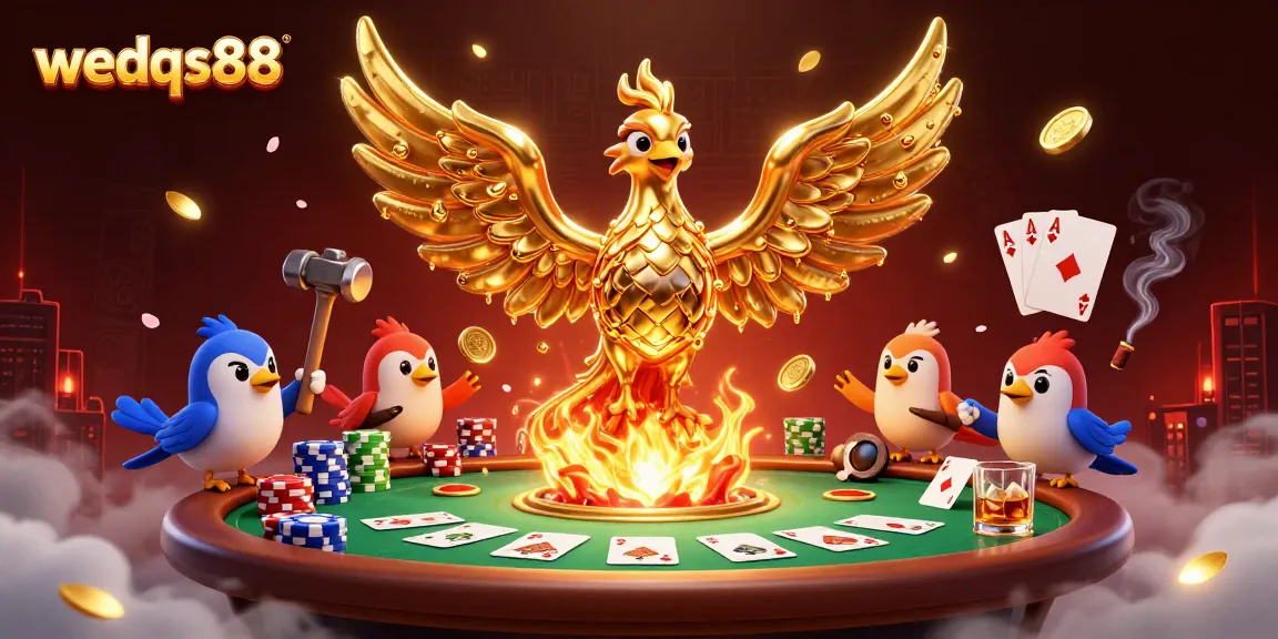 Engage in thrilling gameplay at wedqs88 with a golden phoenix and poker elements in a dynamic casino scene.
