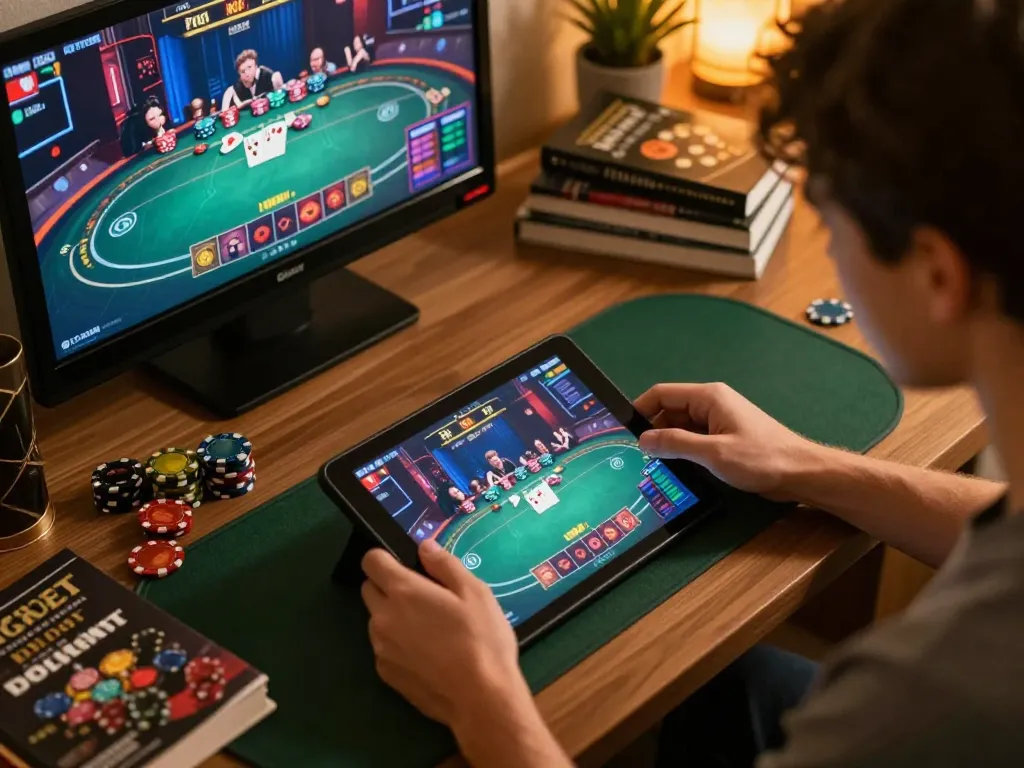 Engaging in poker gameplay on a tablet with f88 bet for exciting online betting.