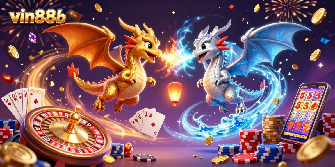 Win big with vin88b at this vibrant casino illustration featuring dragons and classic game elements!