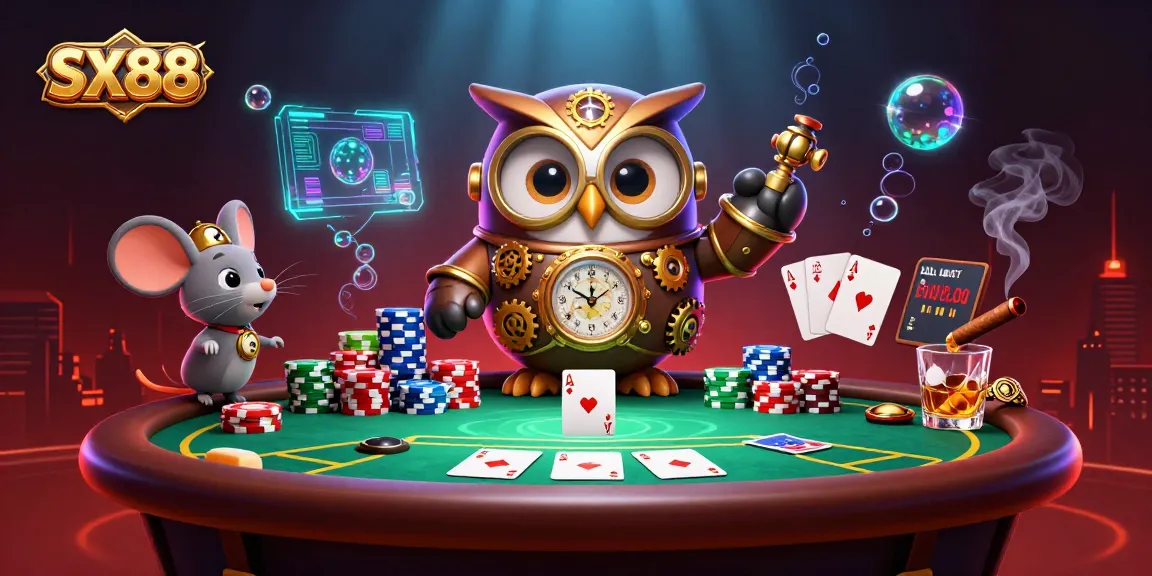 SX88 gaming experience featuring a time-traveler owl and a clockwork mouse in a vibrant casino scene.
