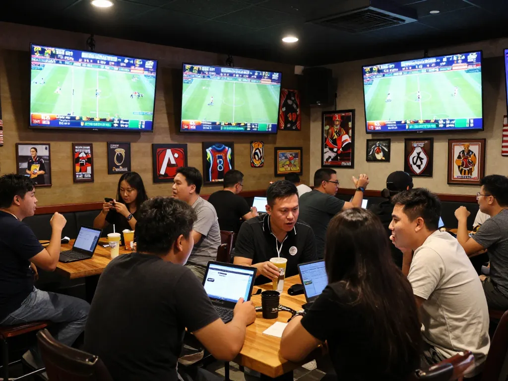 Excited patrons analyzing keo nha cai betting odds at a lively sports bar during an event.