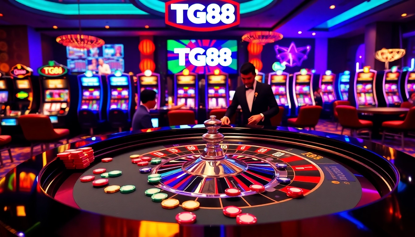 Game enthusiasts enjoying a luxurious TG88 casino experience with vibrant roulette and slot machines.