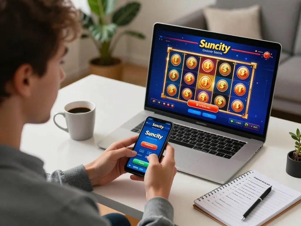 Engaging smartphone casino gameplay on https://suncity.global/ showcasing exciting slot game interface in a cozy setup.