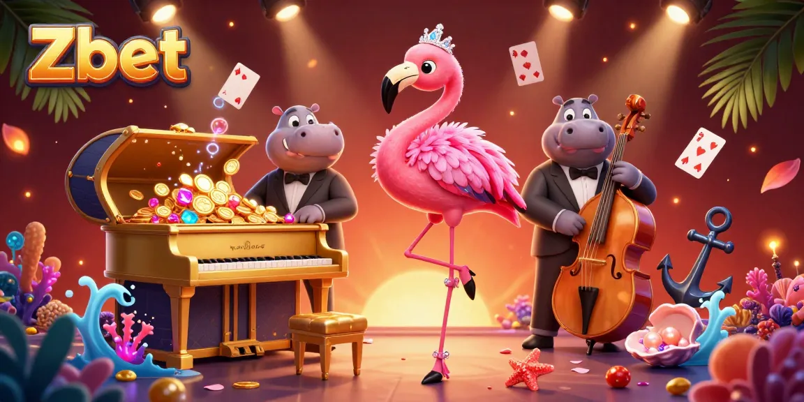 Play vibrant casino games with Zbet, featuring animated flamingo and hippo musicians.