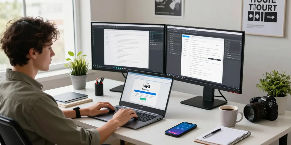 WPS Download page displayed on a laptop in a sleek home office setup, promoting productivity.