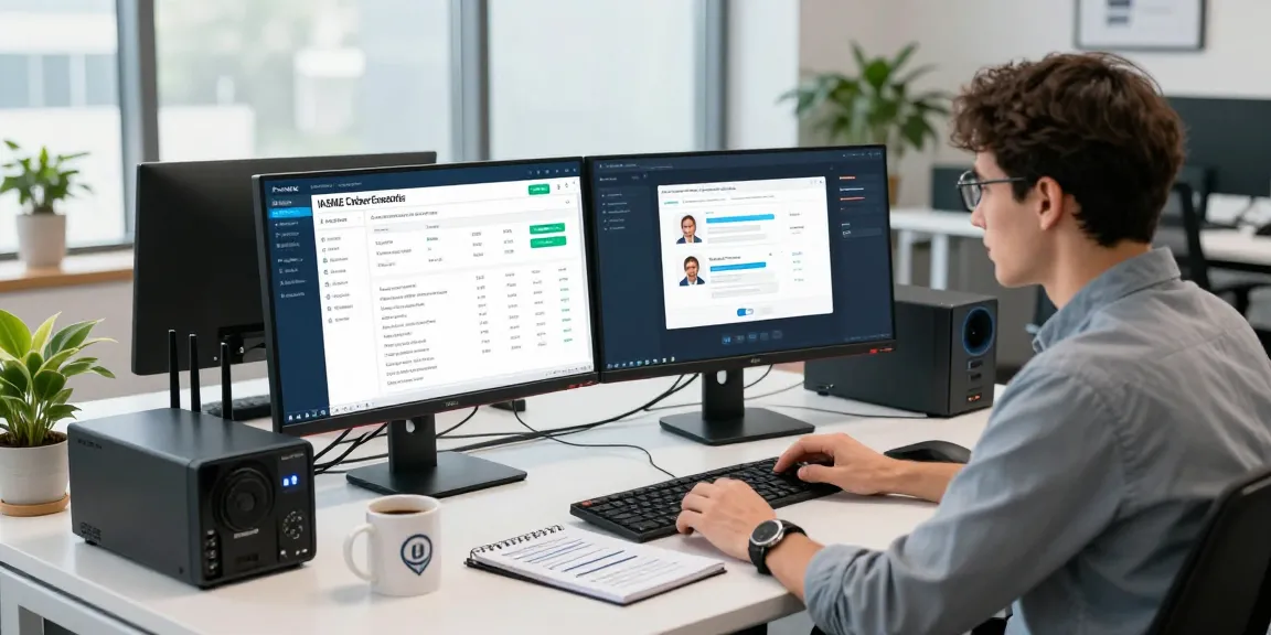 Consultant discussing iasme cyber essentials in a modern office environment with high-tech compliance tools and metrics.