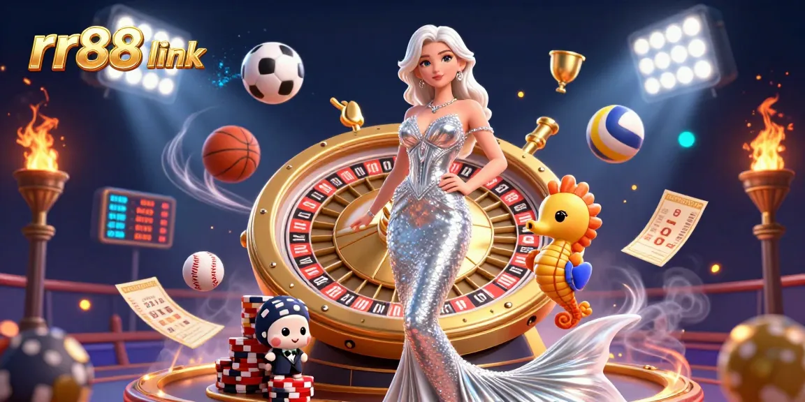 Engage with the rr88 link at a vibrant casino scene featuring a glamorous woman by a roulette wheel and dynamic sports elements.