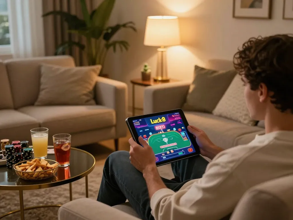 LUCK8 player engaged in exciting online gambling with a tablet in a cozy living room setup.