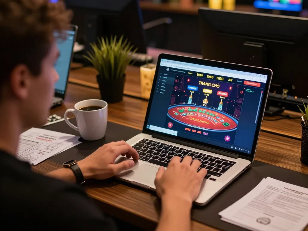 Engaged player on TG88 TRANG CHỦ using laptop for online gambling, highlighting strategic gaming.