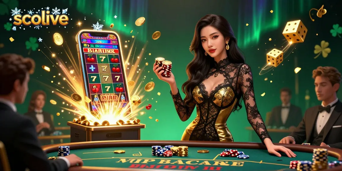 Socolive showcases a luxurious gambling scene with a glamorous Asian woman at a baccarat table, surrounded by casino elements.