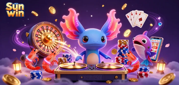 Experience the thrill of Sun win with vibrant characters, cascading gold coins, and exciting casino elements!