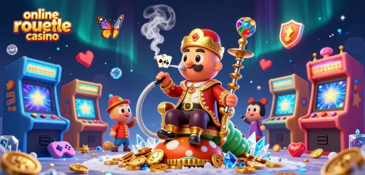 Engage in the online roulette casino experience with vibrant gaming elements and detailed characters.