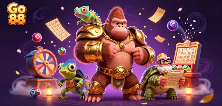Experience the exciting world of Go 88, filled with vibrant lottery elements and dynamic characters in a vivid casino setting.