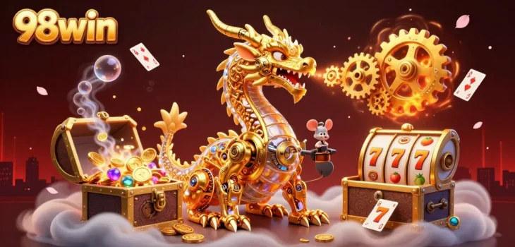 Engage with 98win’s thrilling 3D casino atmosphere featuring a golden dragon and slot elements.