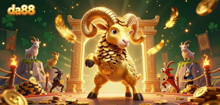 Experience the excitement of da88 with a golden ram charging through a vibrant casino scene.
