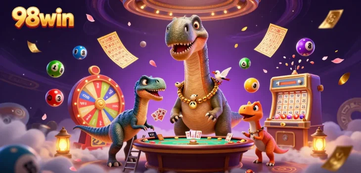 Experience the thrill of 98win with a whimsical casino scene featuring dynamic lottery elements and playful characters.