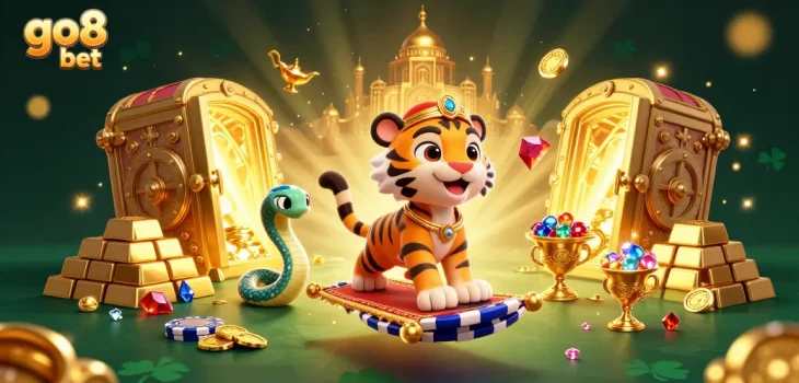 Experience the excitement of go8 bet with this vibrant 3D casino illustration full of treasures and gold.