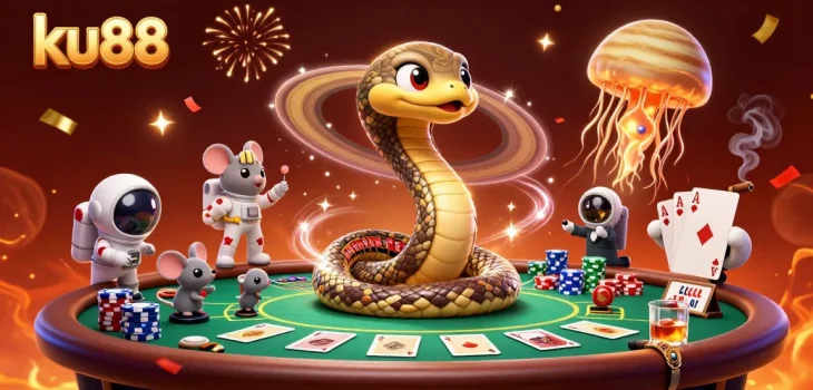 Win big with ku88's dynamic casino scene featuring astronauts betting in space.