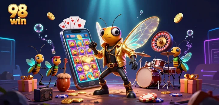 Experience vibrant 98 win casino action with a rock star cicada, colorful slots, and pulsating game elements.