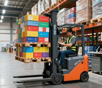 Electric stacker in action lifting pallets in a modern warehouse setting.